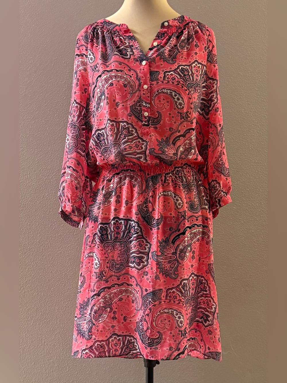 Lauren Ralph Lauren Sheer Pink Paisley Elastic Waist Button Up Dress Size 12